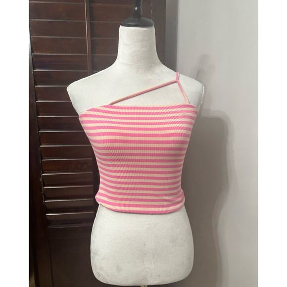 AFRM Women's Bandeau Tank Top Pink Tan Striped One Shoulder Adjustable M NWOT - Picture 2 of 9